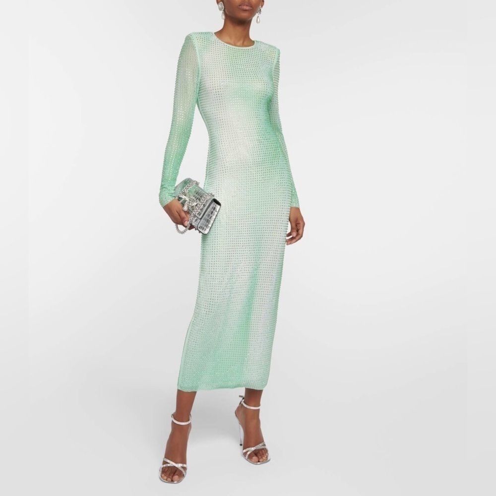 SELF-PORTRAIT Mint Green Crystal Embellished Mesh Midi Dress Size 8 NWT - Picture 2 of 10
